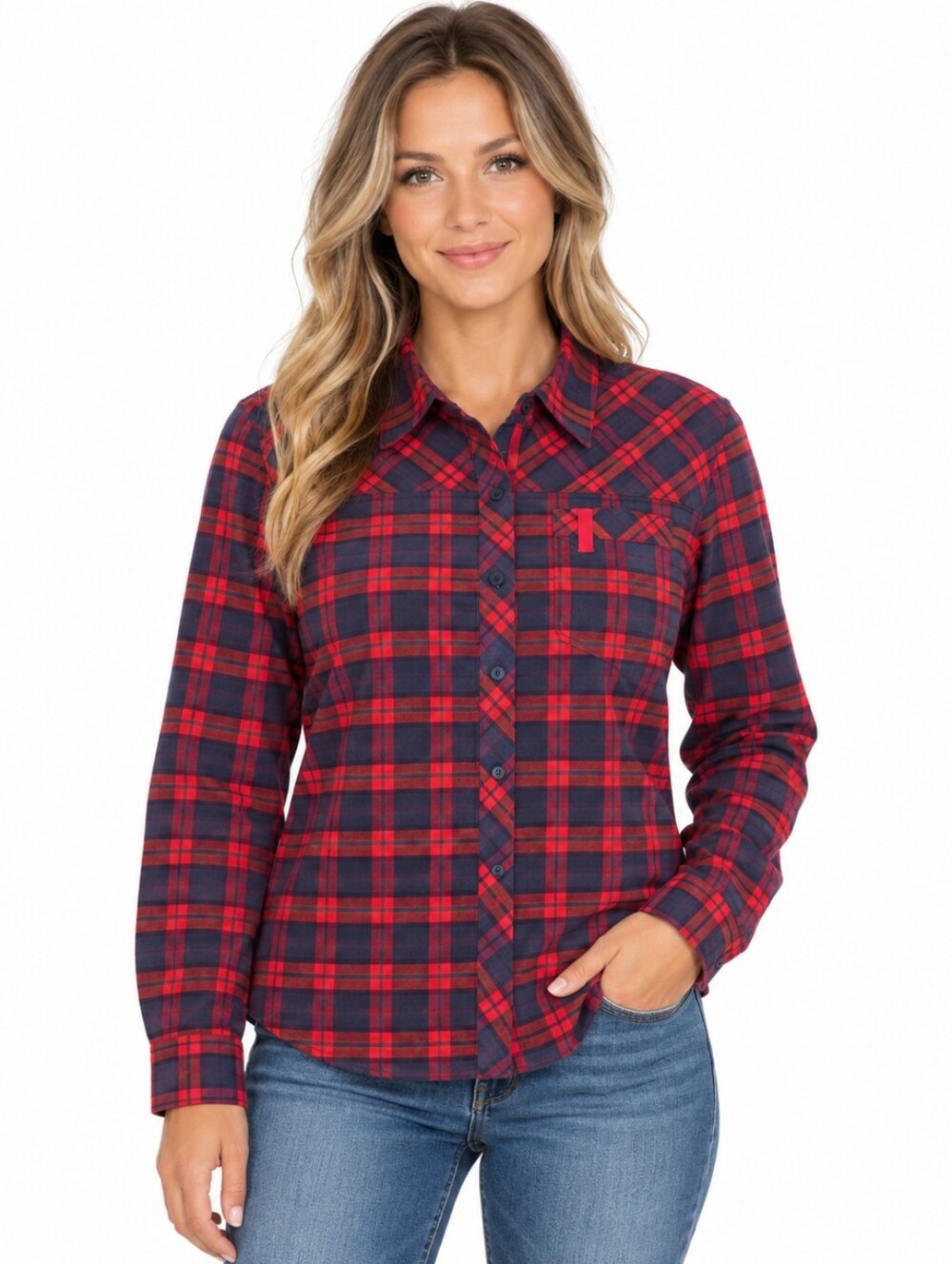Bergans of Norway Women’s Red Navy Plaid Flannel Button Down Hiking Shirt